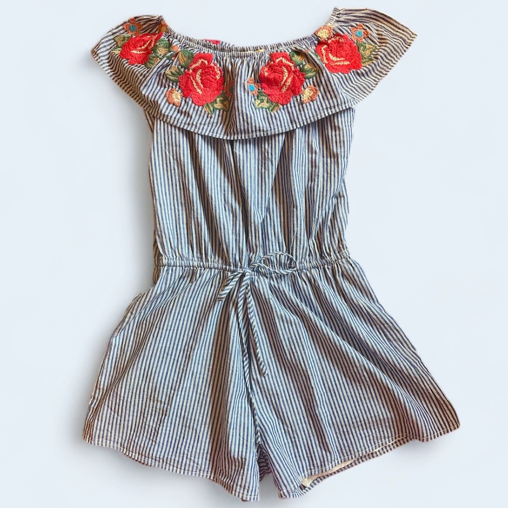 Women’s Off-Shoulder Striped Romper with Beautiful Floral Embroidery